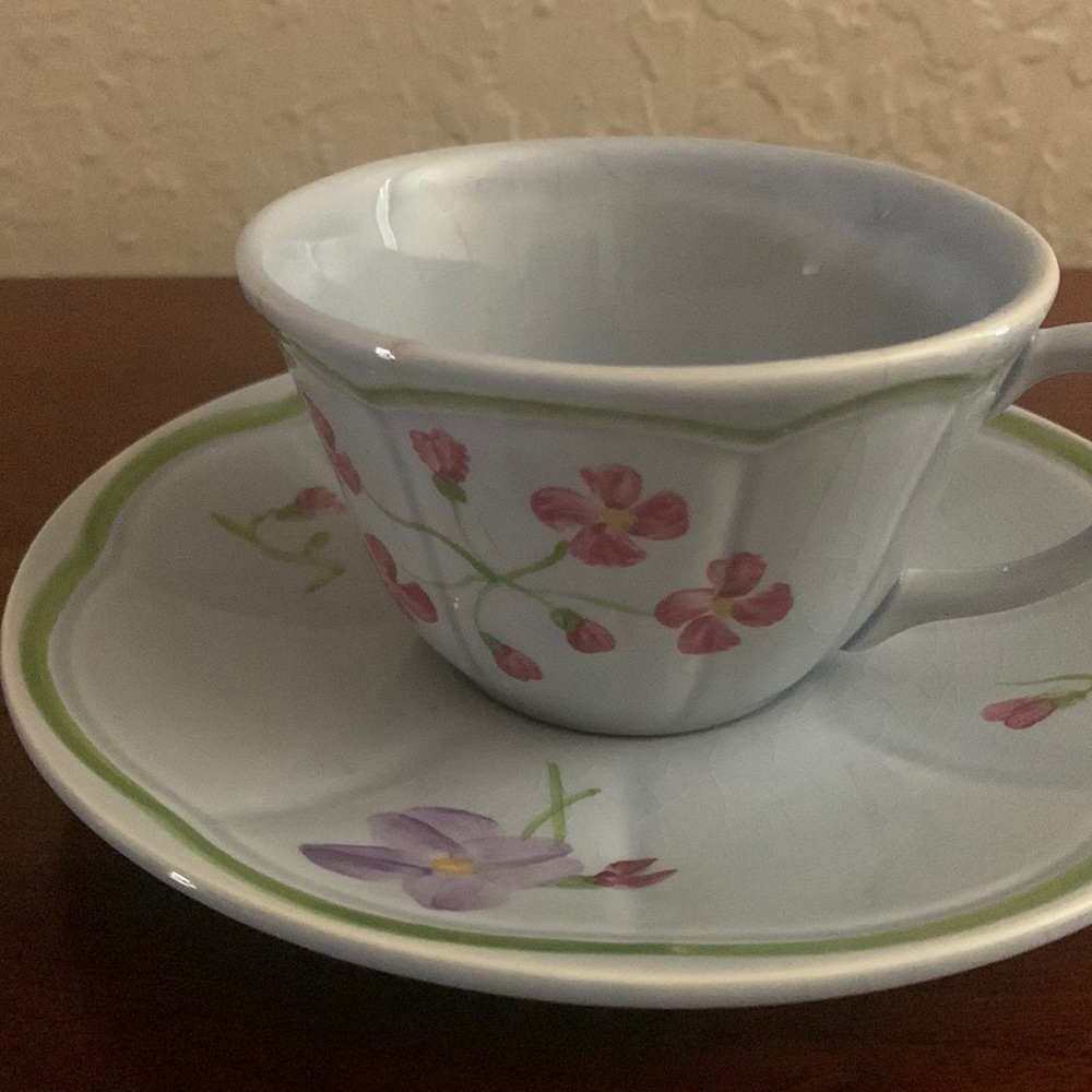 Vintage- Longchamp Mon Jardin, Cup and Saucer, Hand Painted France, Limoges